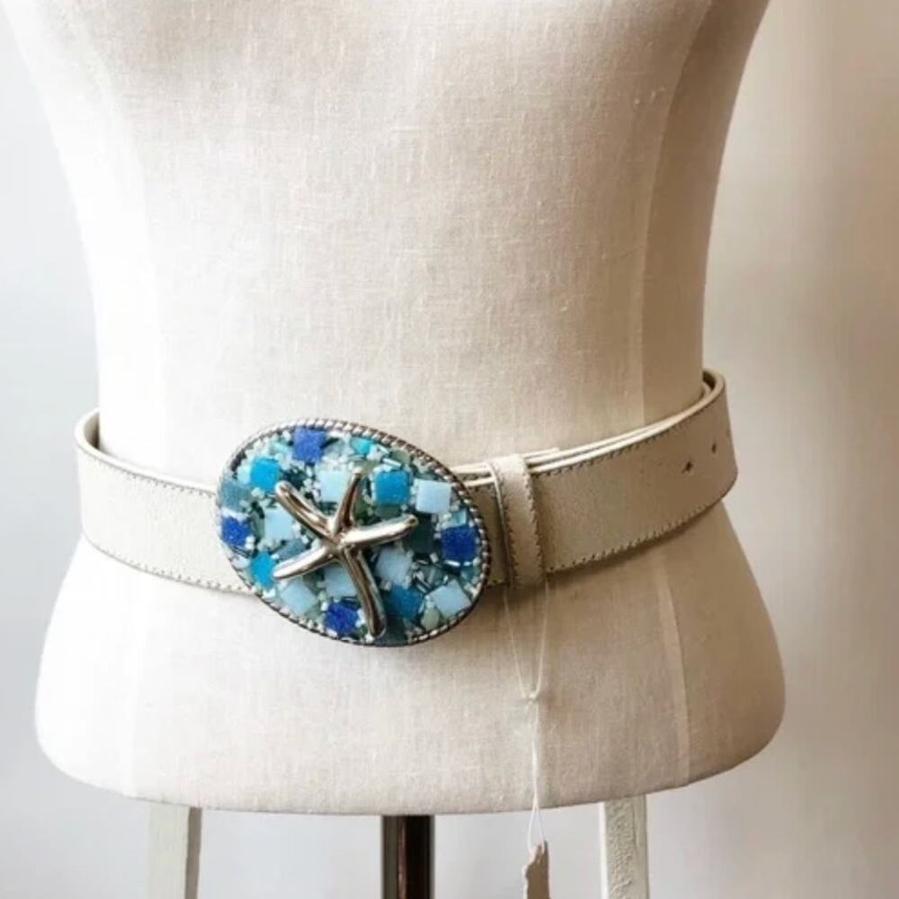 Vera Pelle Genuine Leather Belt White Starfish Oversized Buckle Size Large